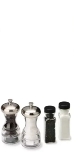 Four containers on a white background: two metal-topped grinders, one with black peppercorns and one with salt, and two small square bottles with black lids, one containing pepper and the other salt.